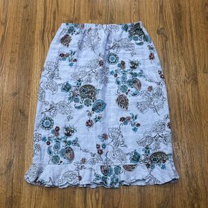 Tom Tom Midi Skirt Womens Medium Linen Elastic Waist Ruffle Floral Stretch Blue